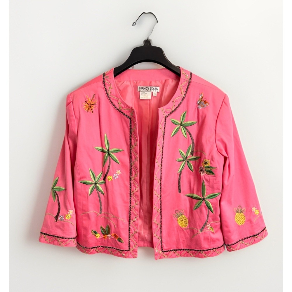 Nancy Bolen City Girl Pink Tropical Beaded Sequin Blazer Women's Size 12 Jacket‎